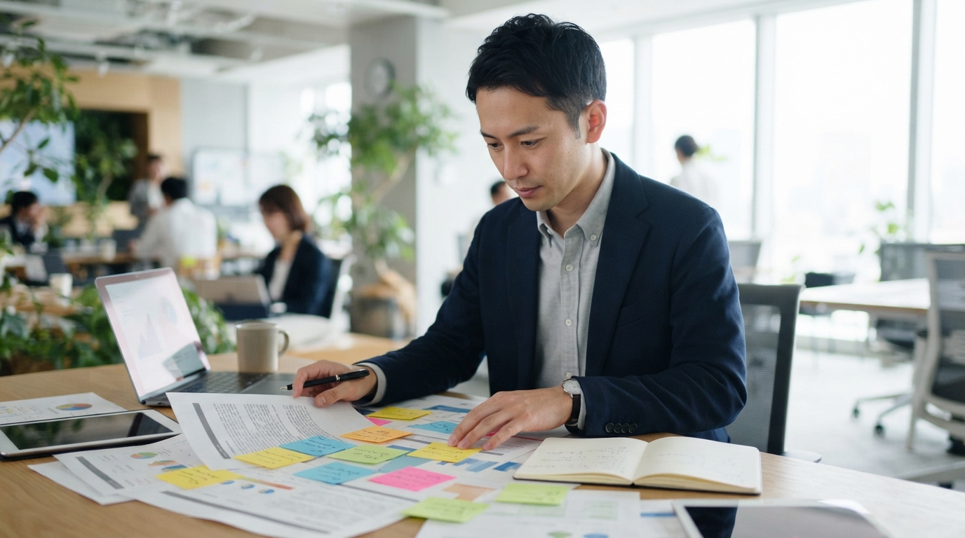 採用手法の資料を整理する日本人の人事担当者