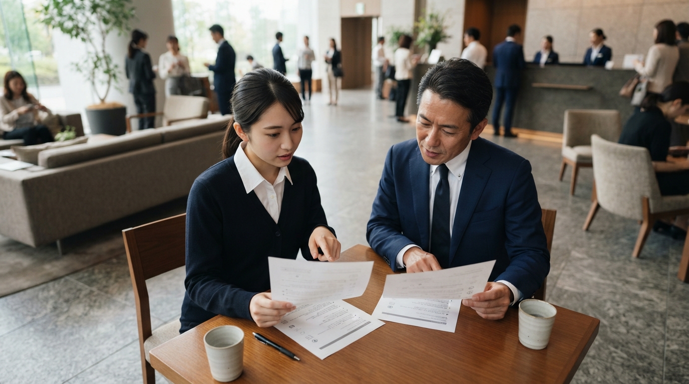 見積もりを見比べて話し合う日本人の担当者