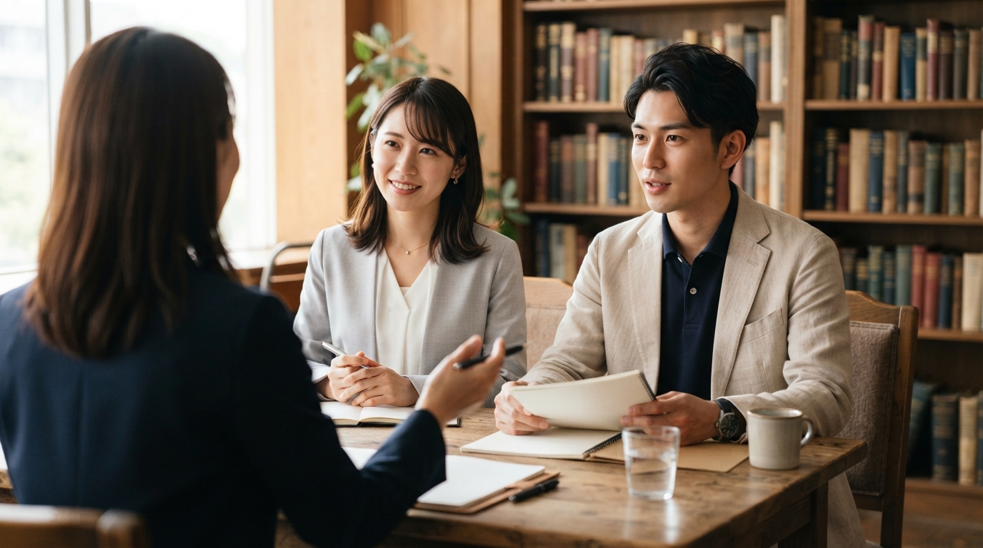 支援会社の担当者と初回の相談をする日本人の人事担当者
